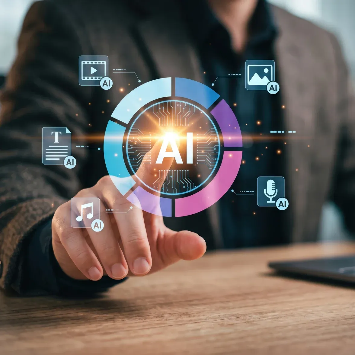 AIのアイコンに指で触れながら、ノートパソコンで仕事を進める人